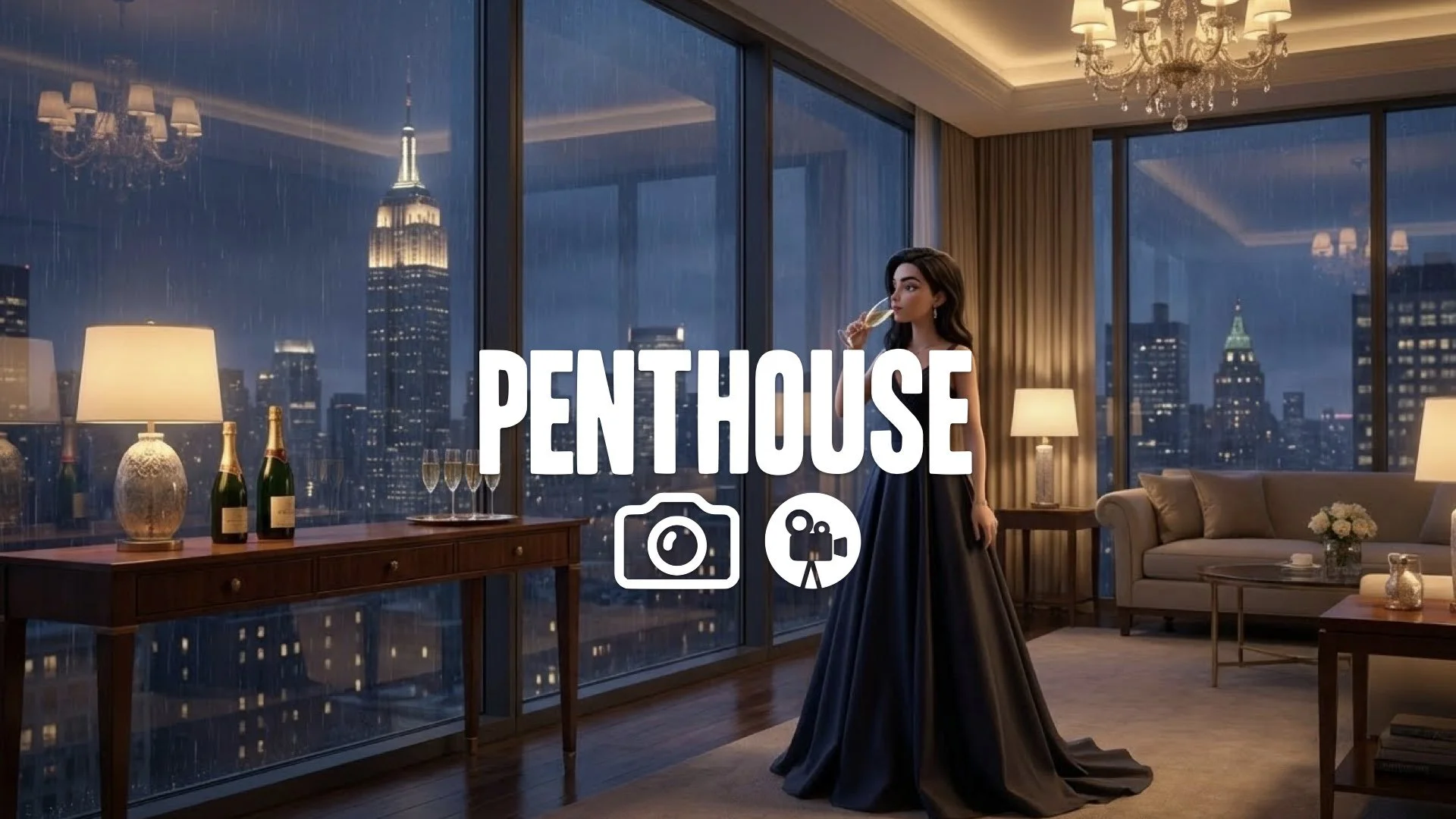 1. Elegant woman drinking champagne flute night city view celebration luxury interior soft lighting no music