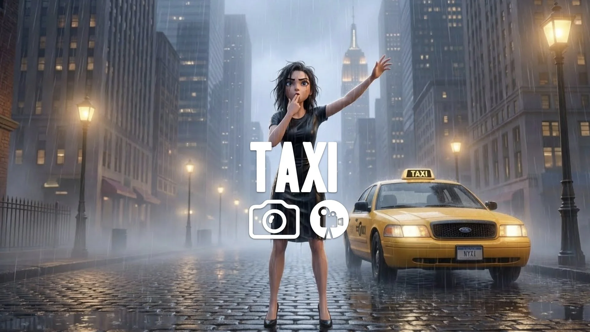 1. Woman hailing taxi whistling rain falling soaking wet dress messy hair romantic comedy vibe no music