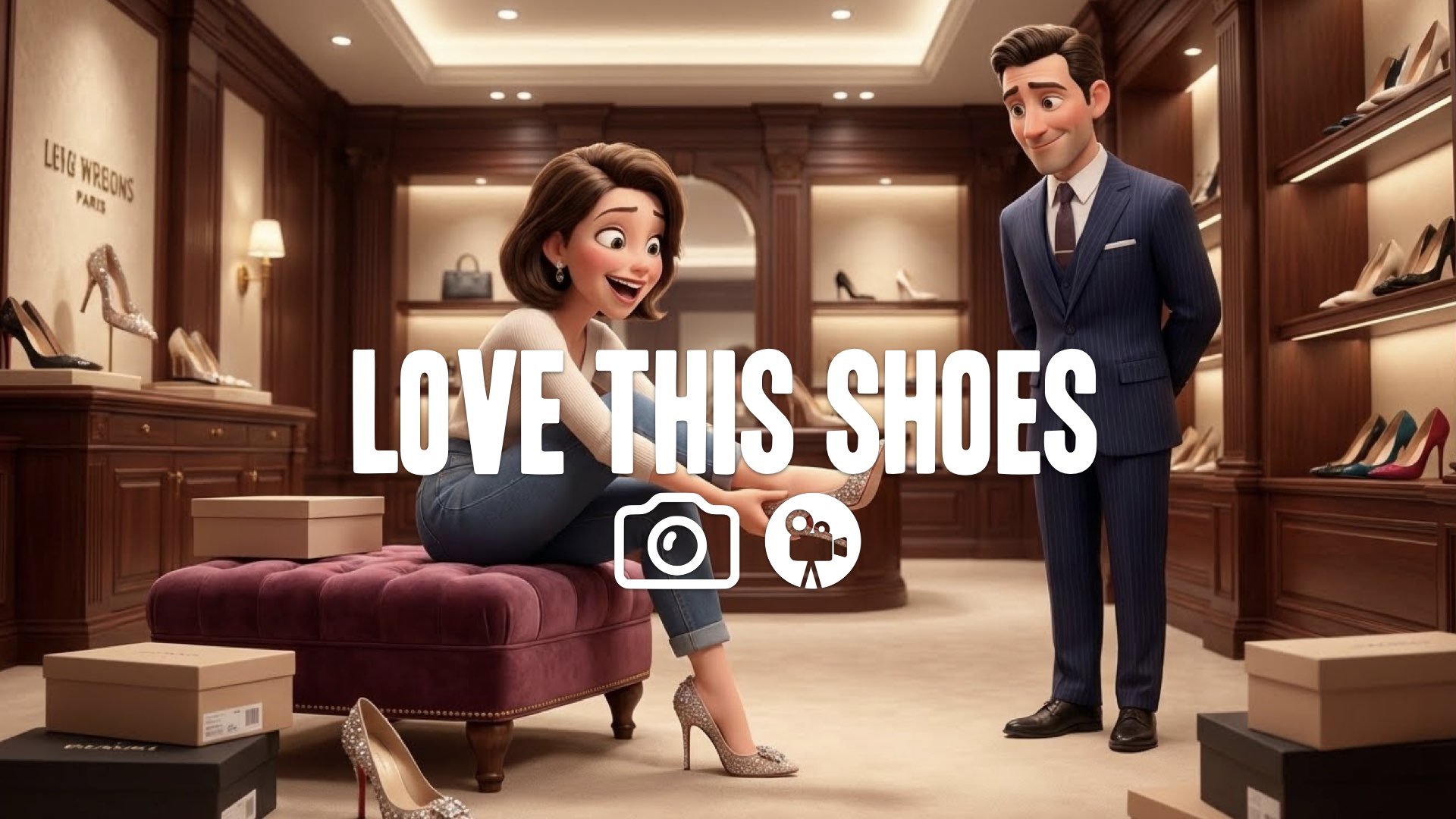 1. Shoe store trying on expensive heels ecstatic face sales clerk waiting luxury shopping joy no music