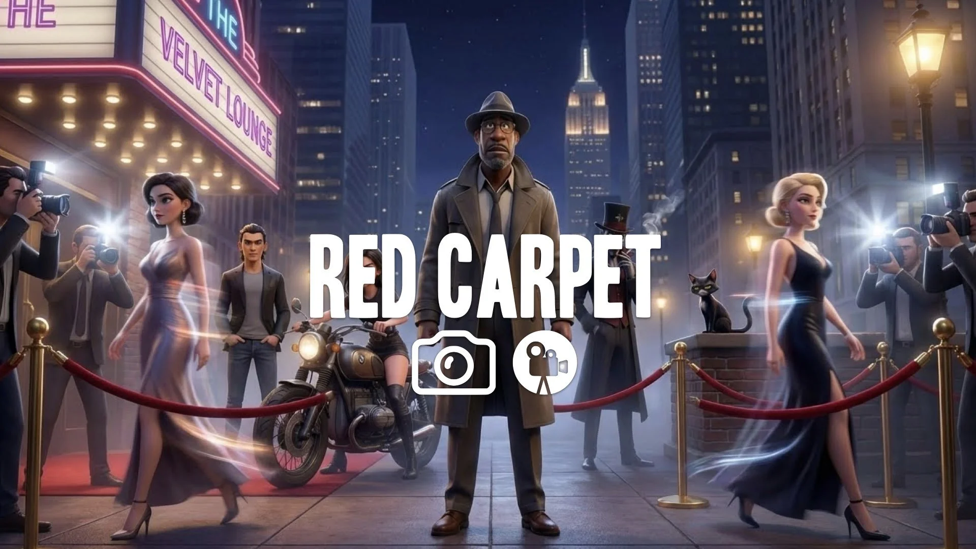 1. Glamorous nightclub entrance velvet rope flashing cameras paparazzi women walking in slow mo no music