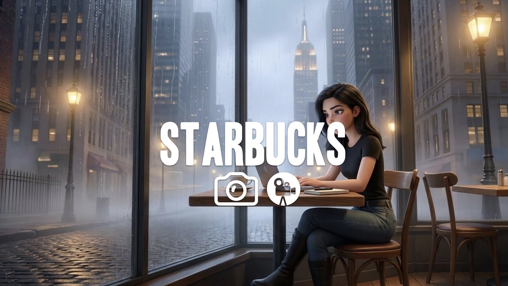 1. Woman sitting alone at cafe window laptop open typing reflective expression city street outside no music