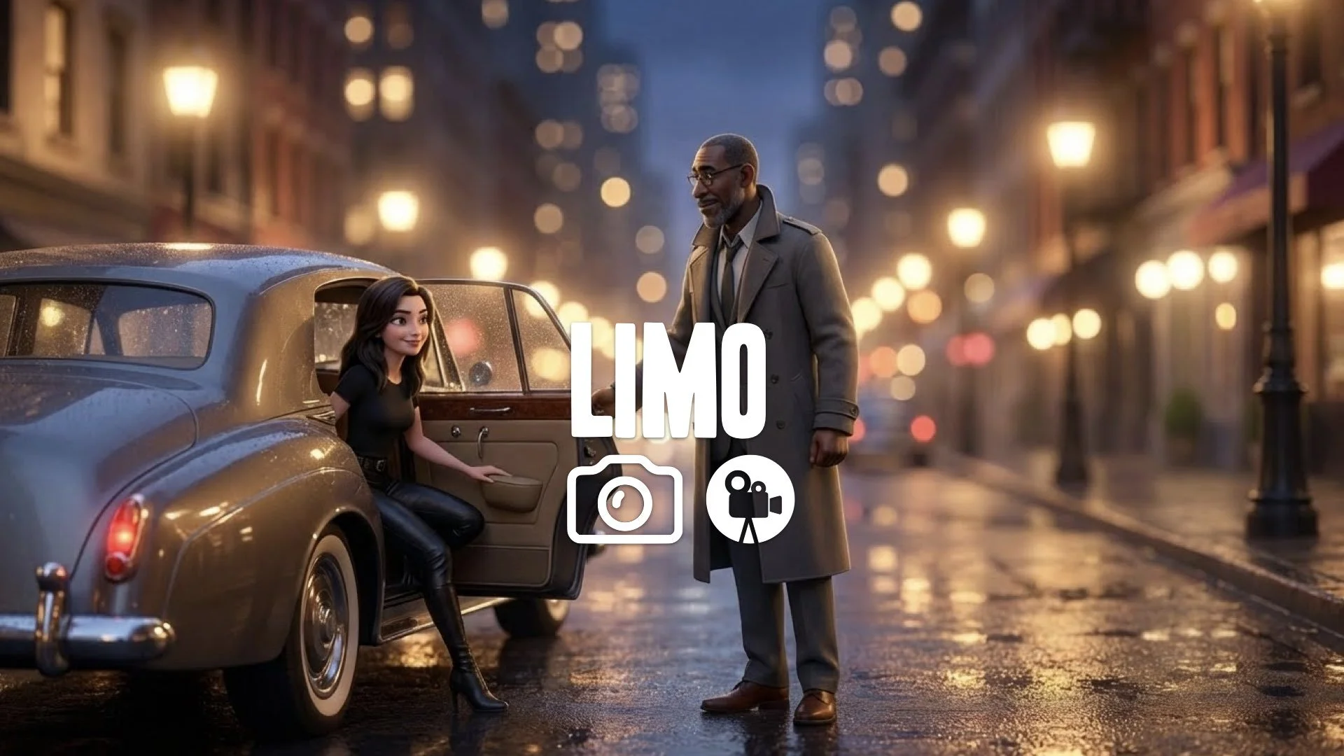 1. Man in suit holding car door open for woman romantic evening city lights bokeh elegance no music