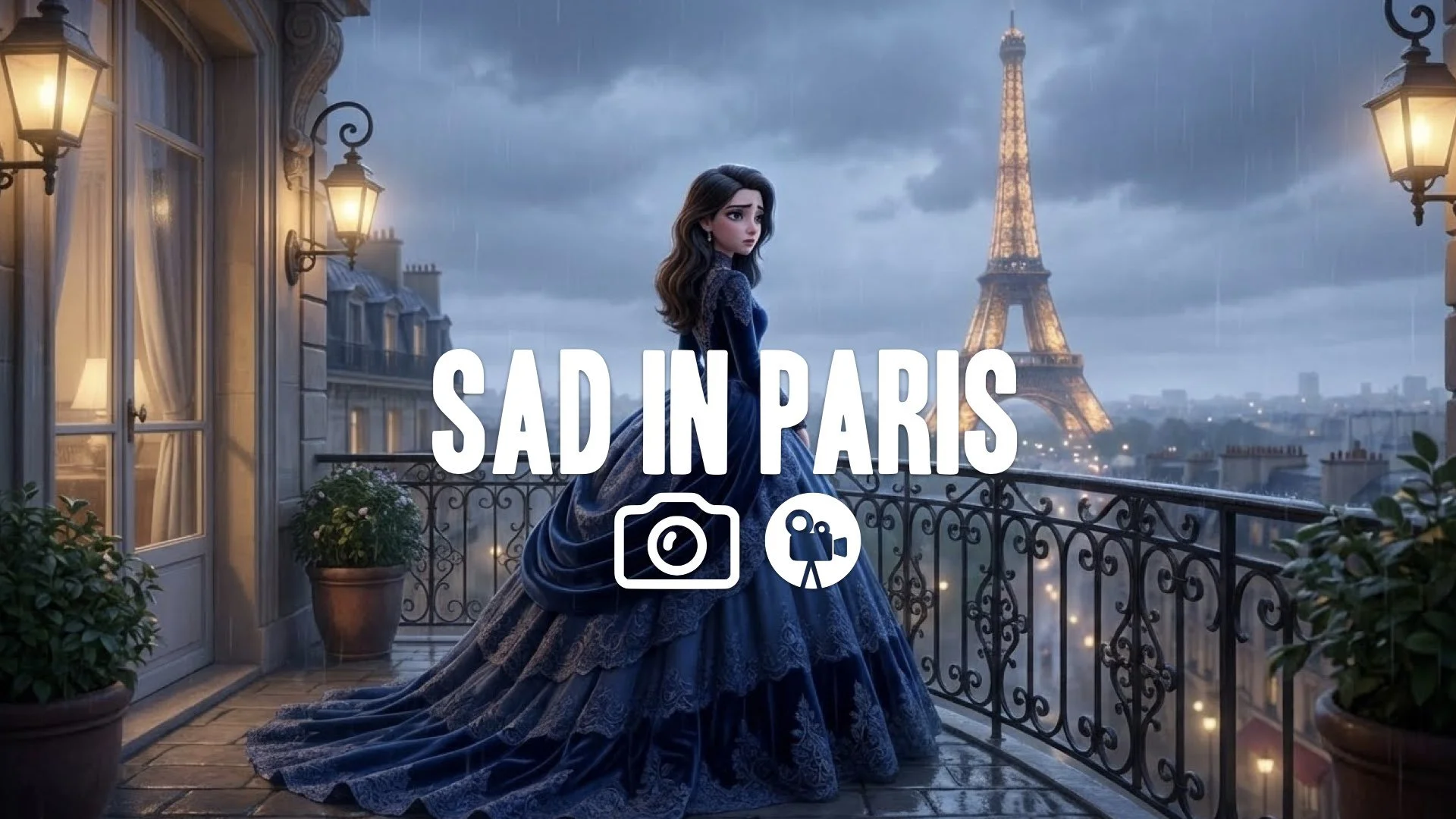 1. Paris hotel room balcony view of Eiffel tower woman in massive gown looking out romantic sad no music