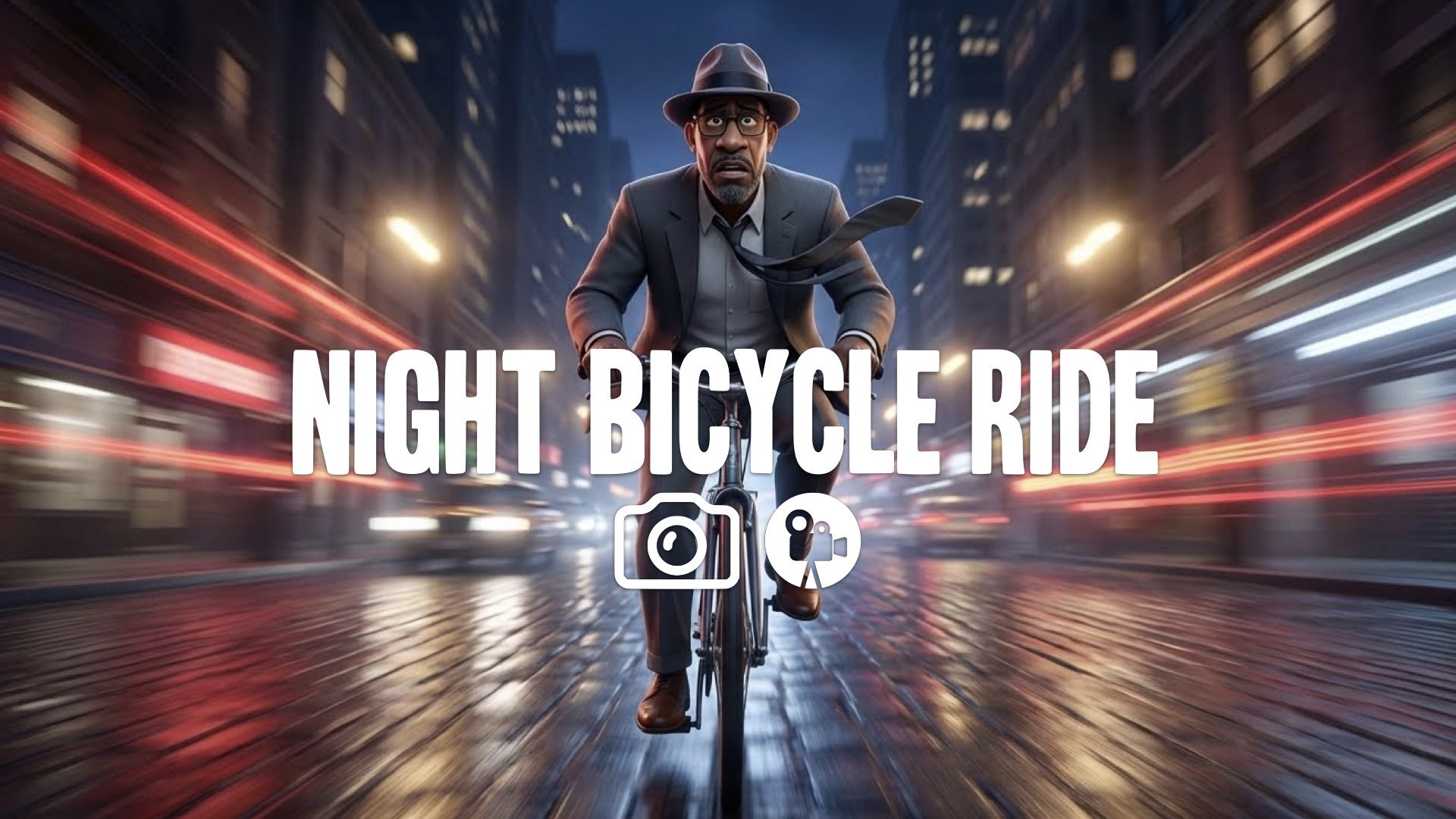 1. Riding bicycle at night wearing suit tie flapping wind city lights passing blur tired but fast no music