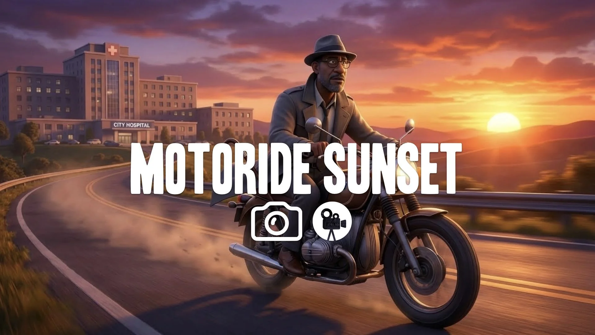 1. Final shot doctor riding motorcycle into sunset away from hospital cane strapped to bike freedom no music