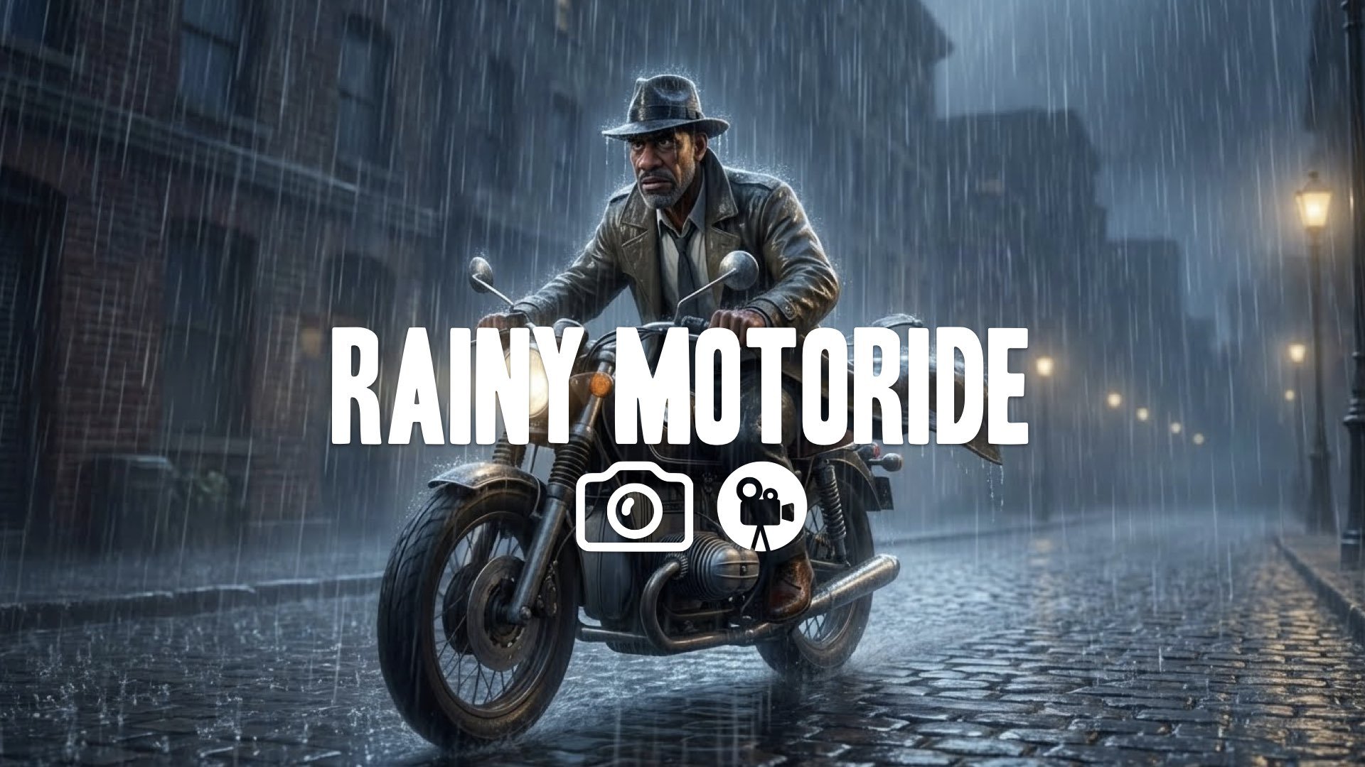 1. Doctor riding motorcycle through heavy rain soaking wet determined expression night ride no music