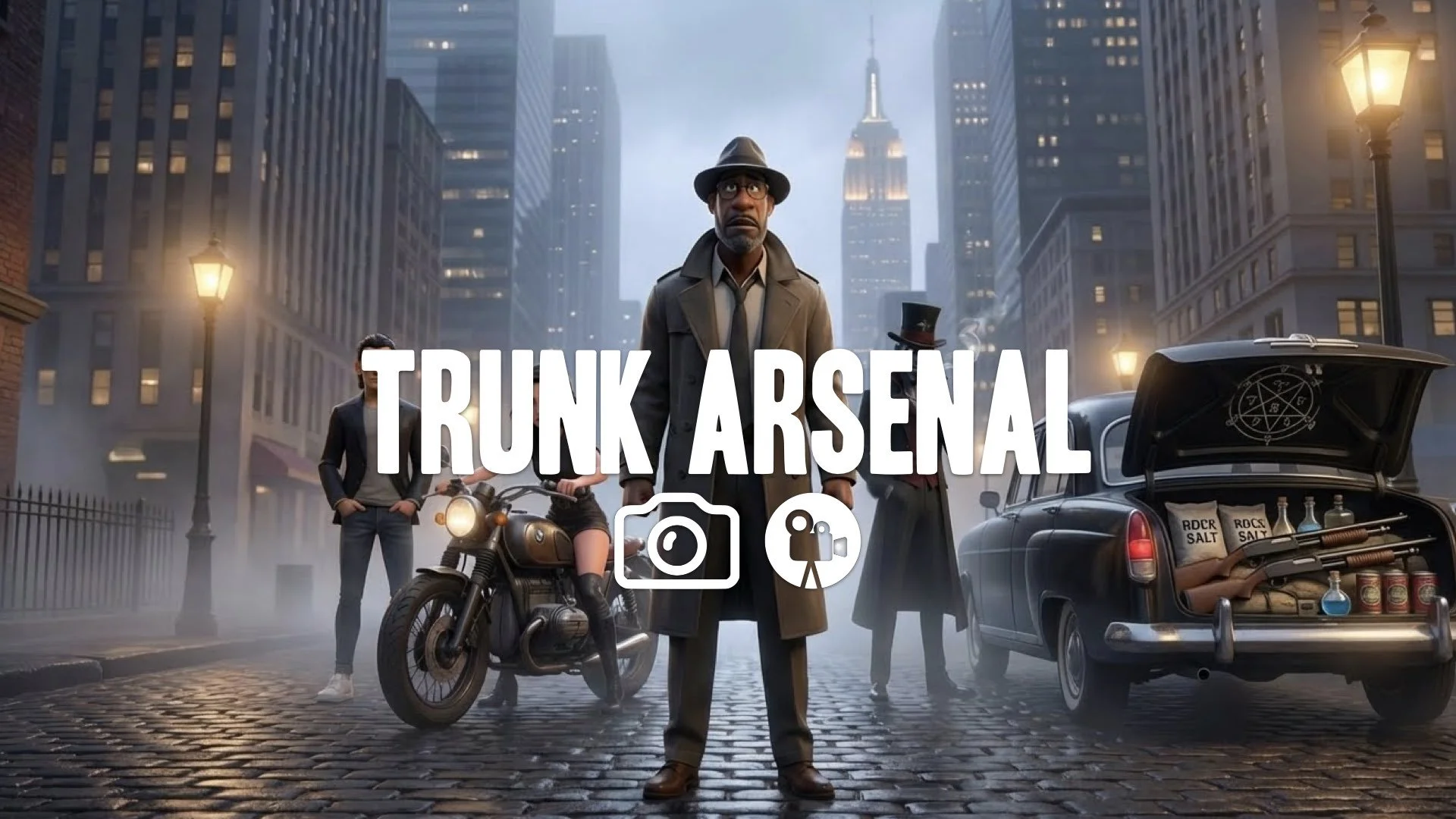 1. Trunk of car opening revealing arsenal of weapons shotguns salt rock salt holy water devil trap no music