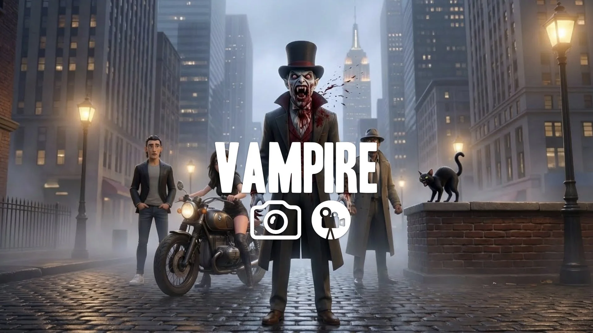 1. Vampire teeth extending hissing mouth bloody gory scary night alley attack no music