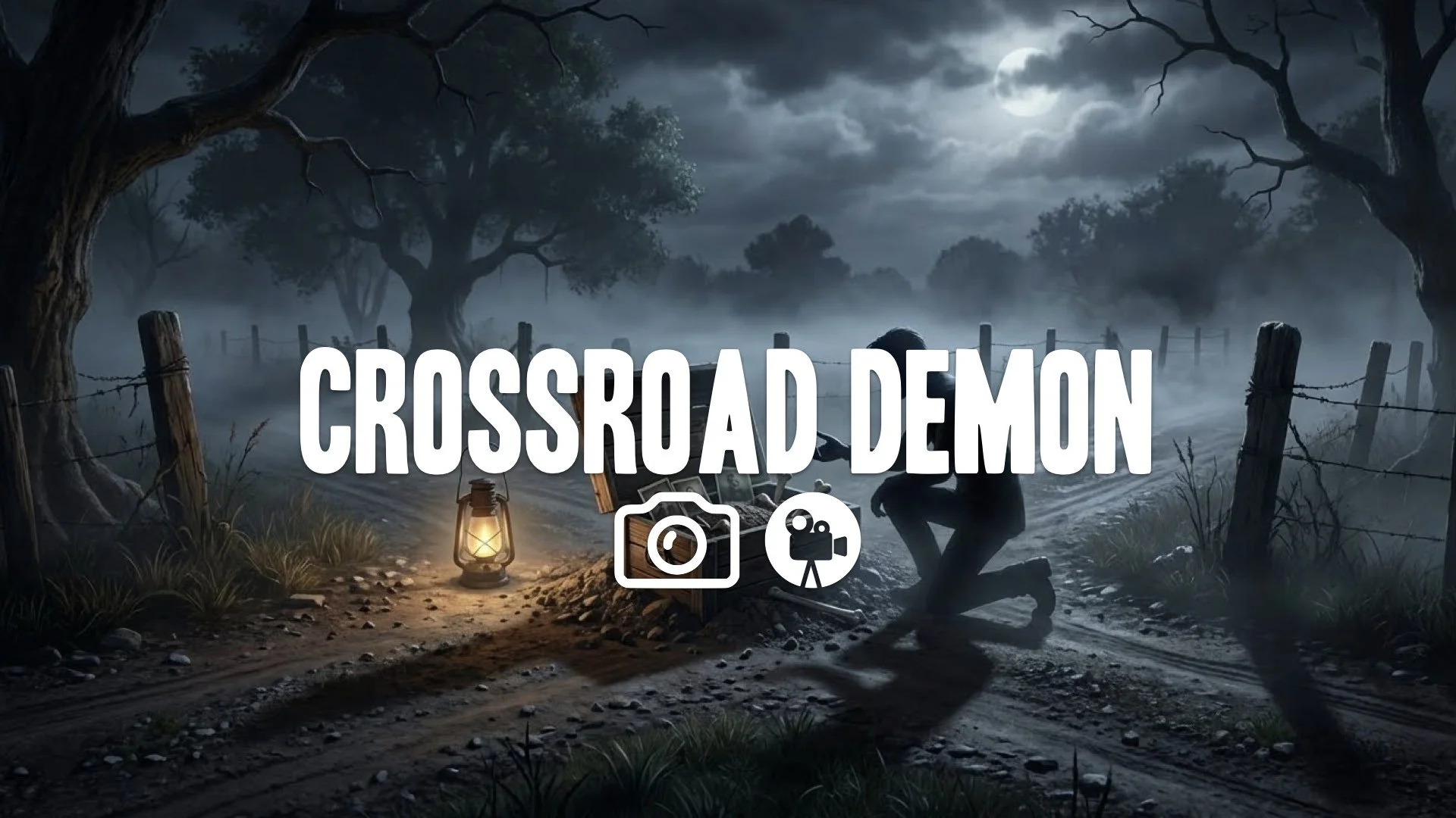 1. Crossroads demon summoning box buried in dirt crossroads night spooky mist deal making no music