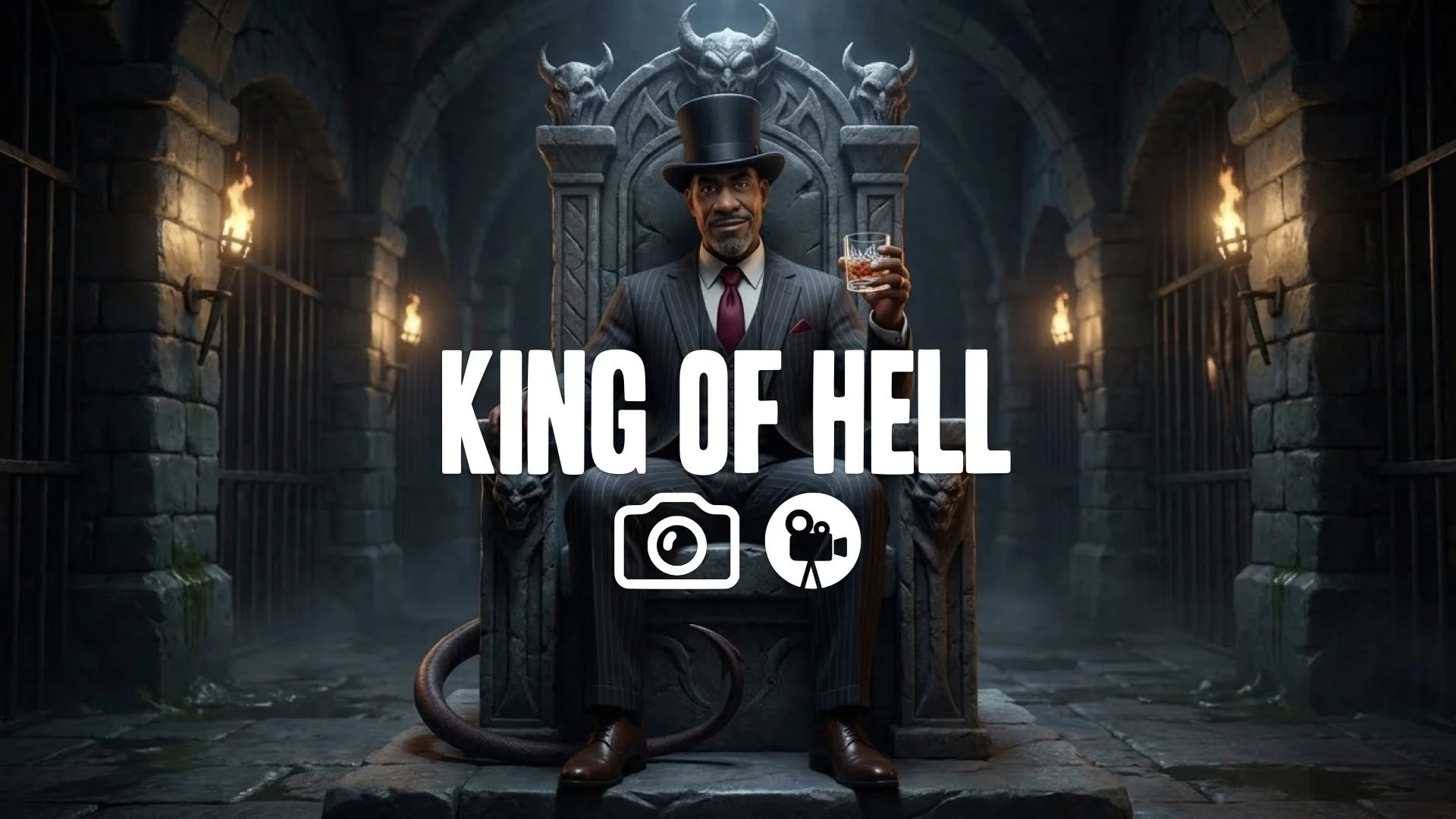 1. King of Hell sitting on throne holding whiskey glass smirk sophisticated suit dark dungeon no music