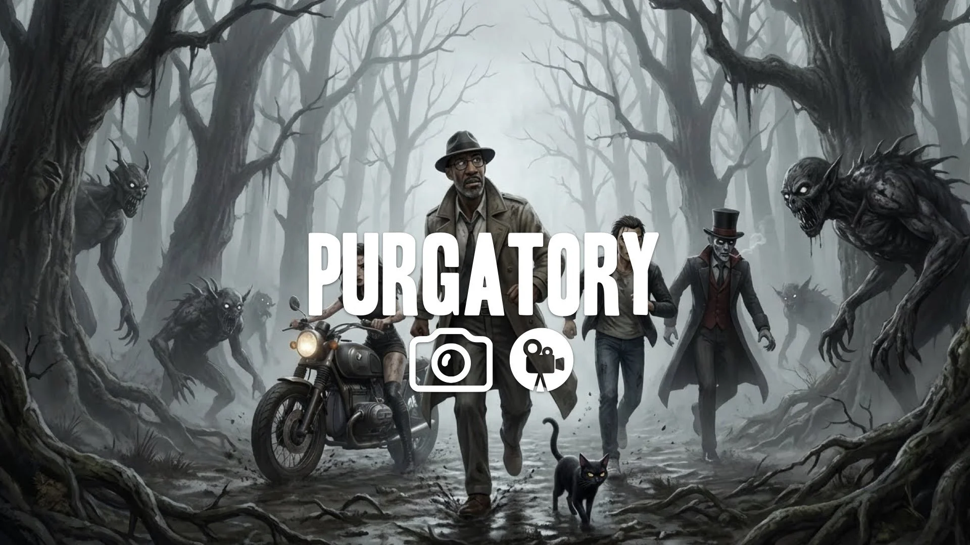 1. Purgatory forest grey desaturated colors monsters lurking in trees gritty survival run no music