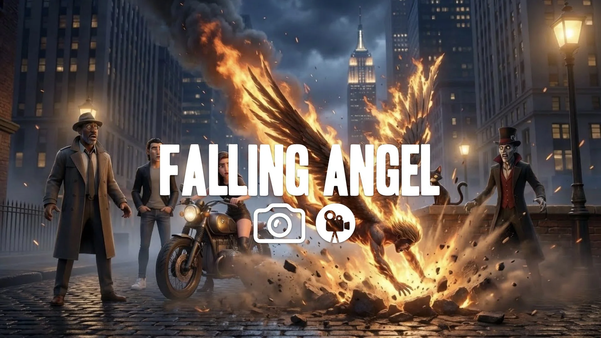 1. Angel falling from sky like meteor burning up wings disintegrating crashing into earth no music