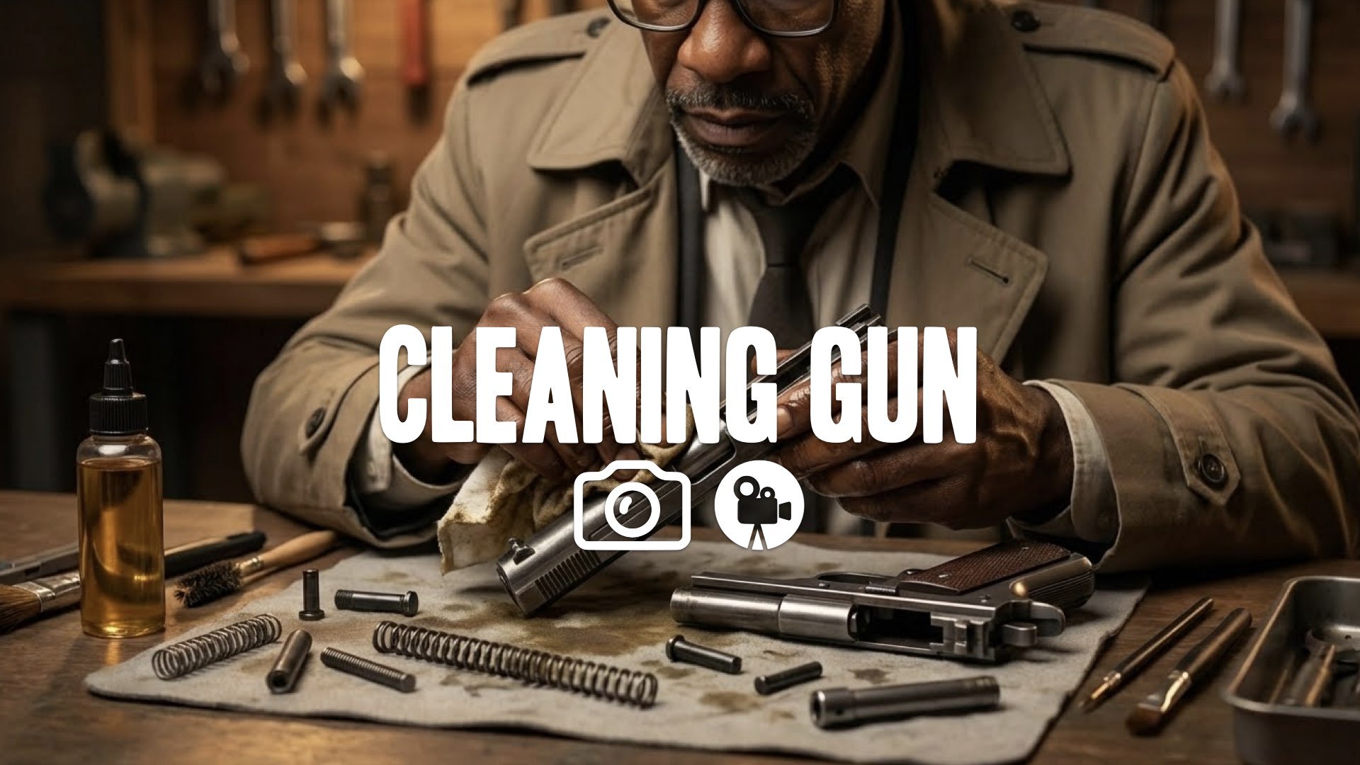 1. Hunter cleaning gun oil rag disassembly metal parts clicking mechanical focus gritty no music