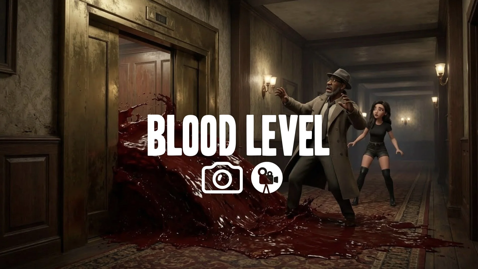 1. Elevator doors opening slow motion wave of blood rushing out flooding hotel hallway horror visual no music