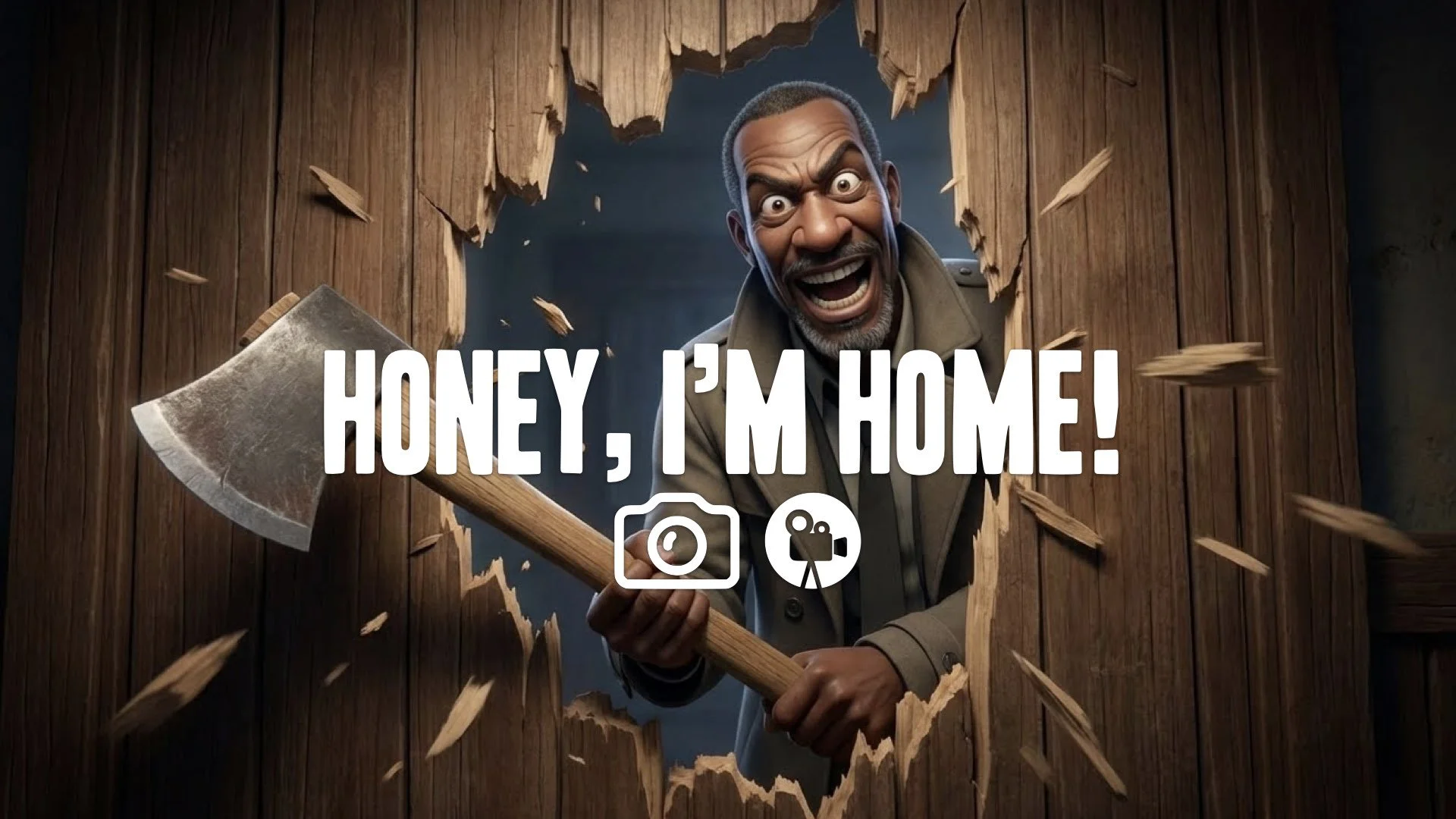 1. Man chopping through wooden door with axe crazy eyes face appearing in hole "Here's Johnny" no music