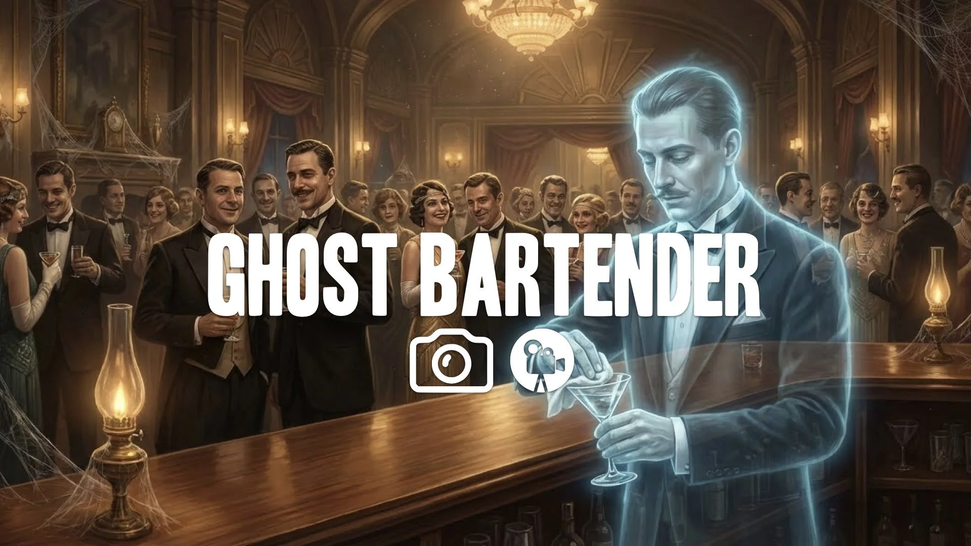 1. Ghost bartender cleaning glass ballroom party 1920s style tuxedos crowd smiling creepy vibe no music