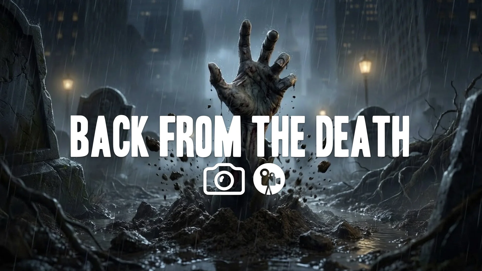 1. Hand coming out of grave dirt soil loose night cemetery rain zombies rising horror no music