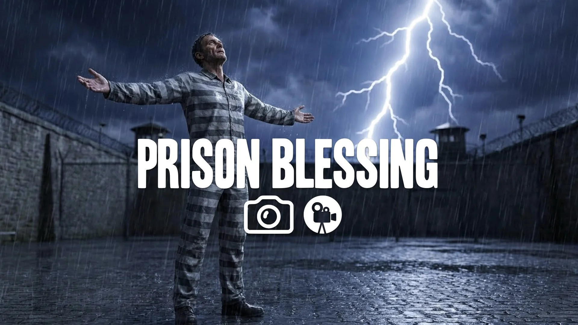 1. Man standing in rain arms raised to sky freedom lightning flash prison clothes washed clean no music