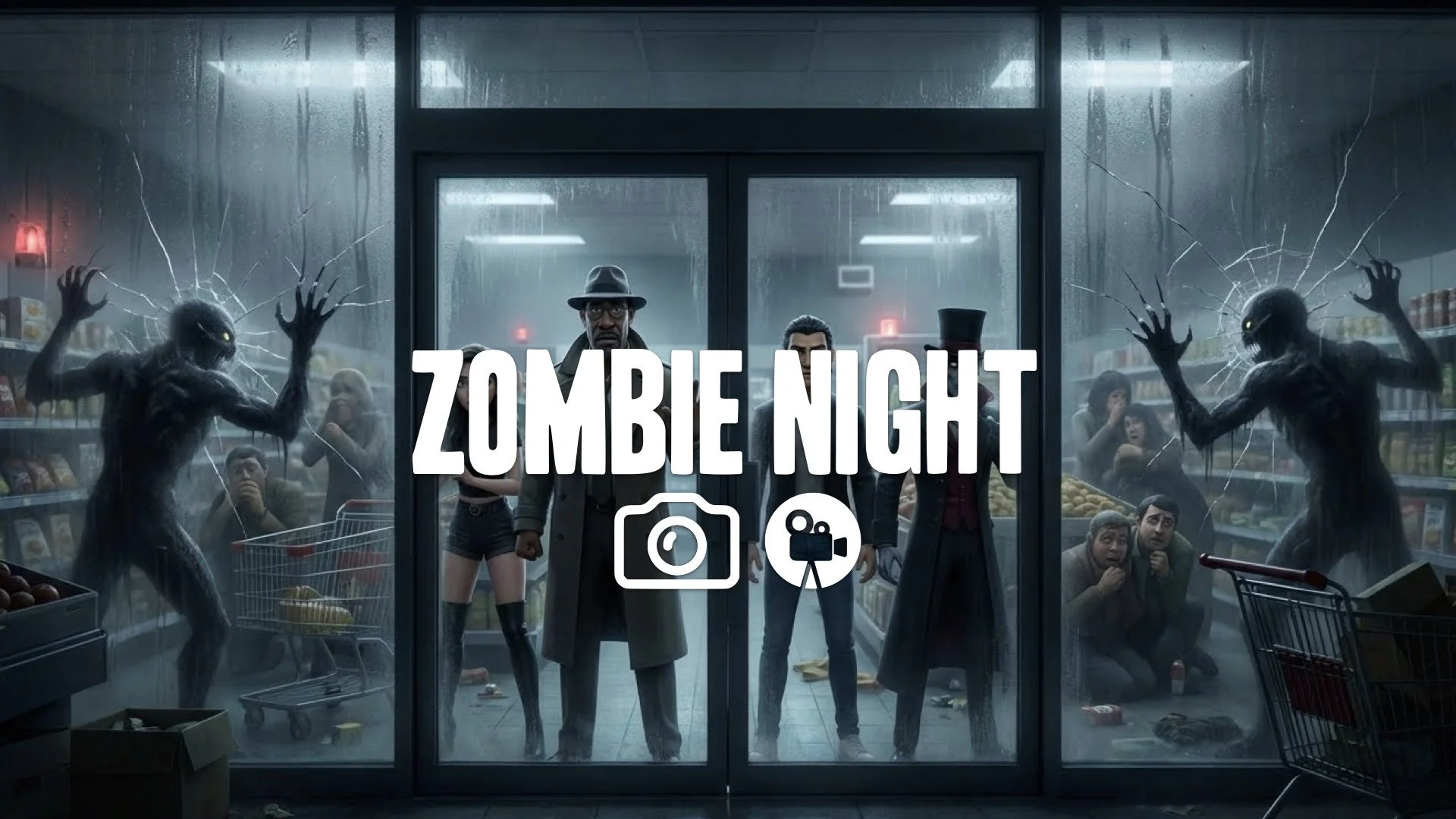 1. Supermarket glass front mist outside creatures hitting glass trapped people fear tension no music