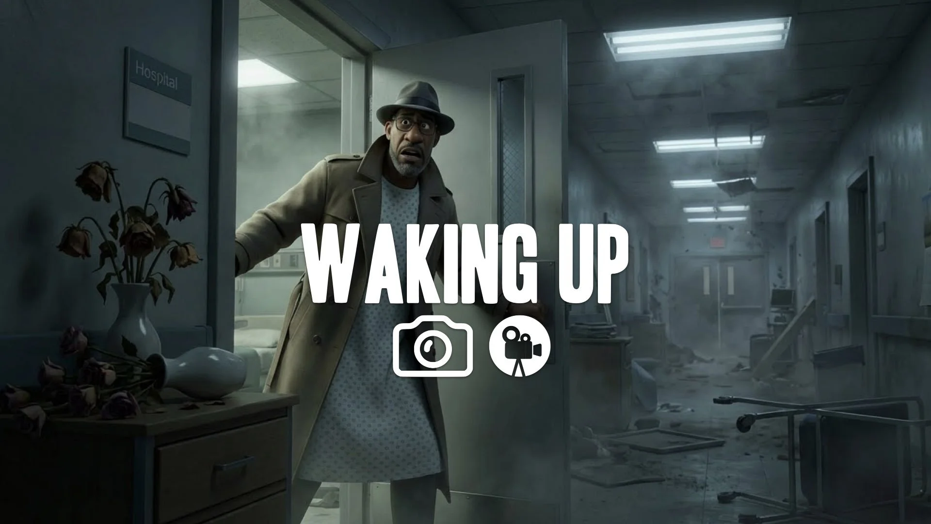 1. Man waking up in hospital bed flowers dead pushing open door hallway dark flickering lights disaster no music