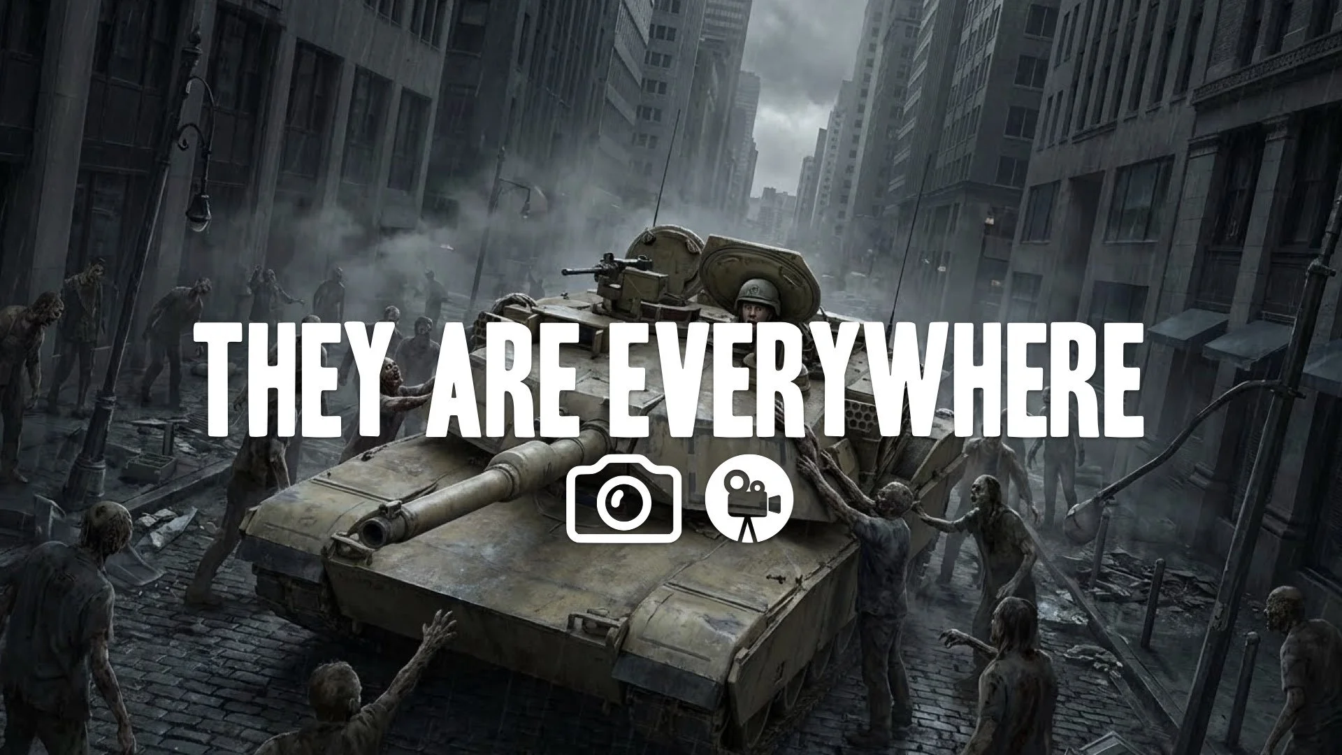 1. Tank surrounded by walkers in city street top hatch opening soldier trapped inside high angle no music