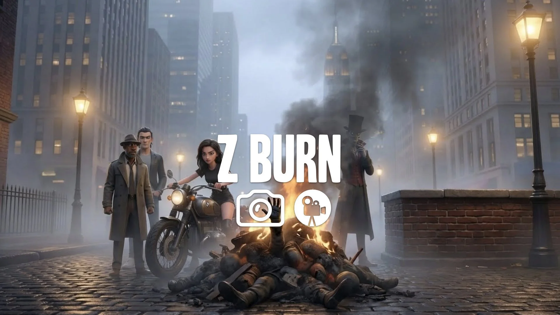 1. Hand twitching pile of bodies burning pyre smoke rising apocalypse destruction aftermath no music