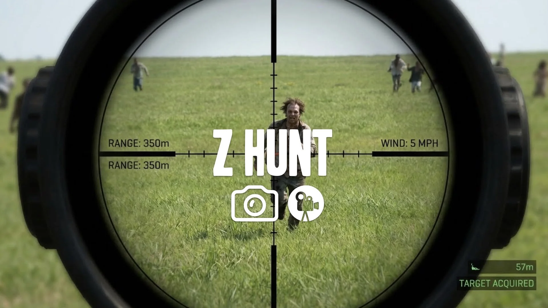 1. Military sniper scope view shooting infected running across green field daylight panic no music