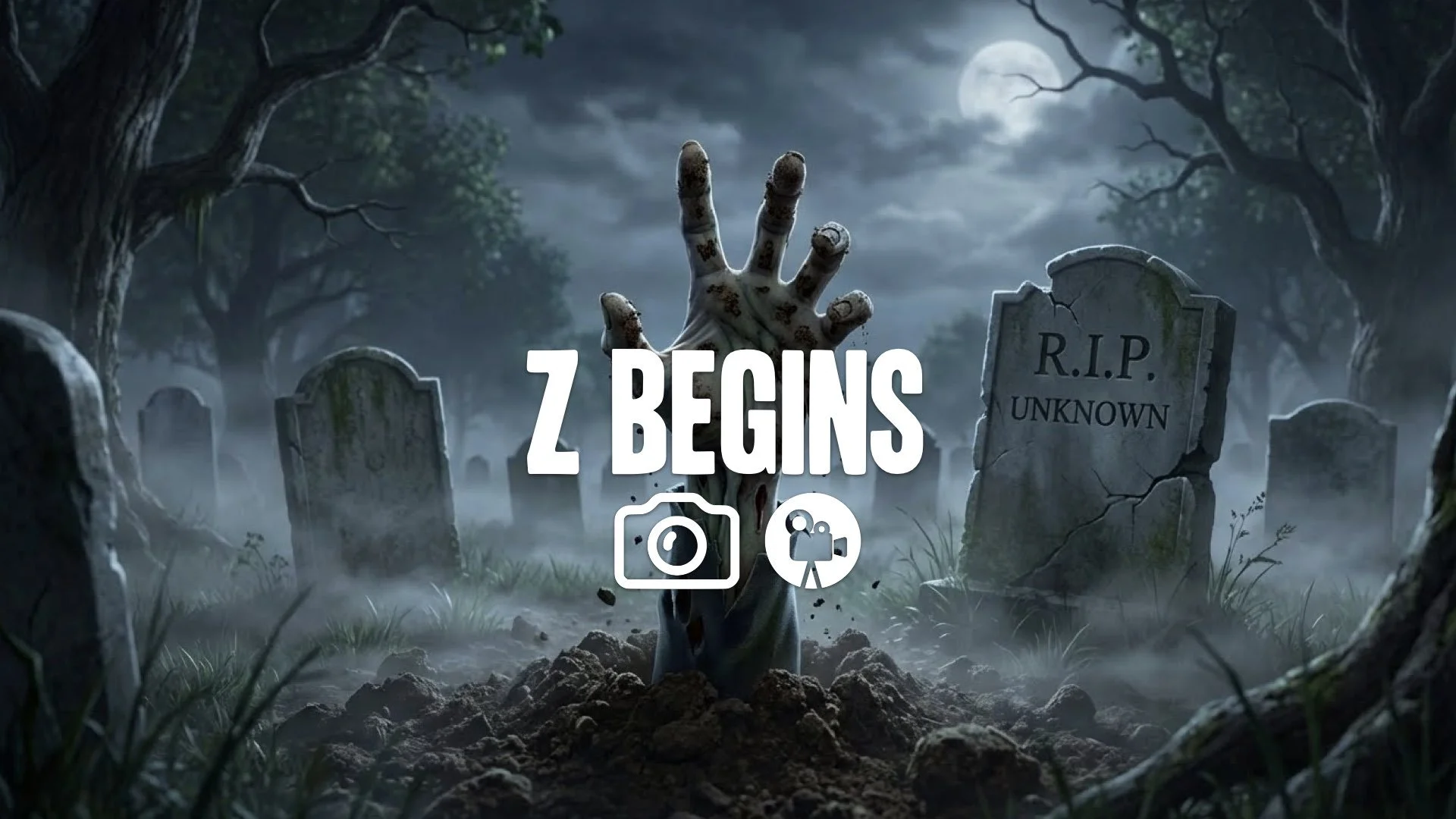 1. Zombie hand breaking through fresh grave dirt rising graveyard night fog classic horror no music