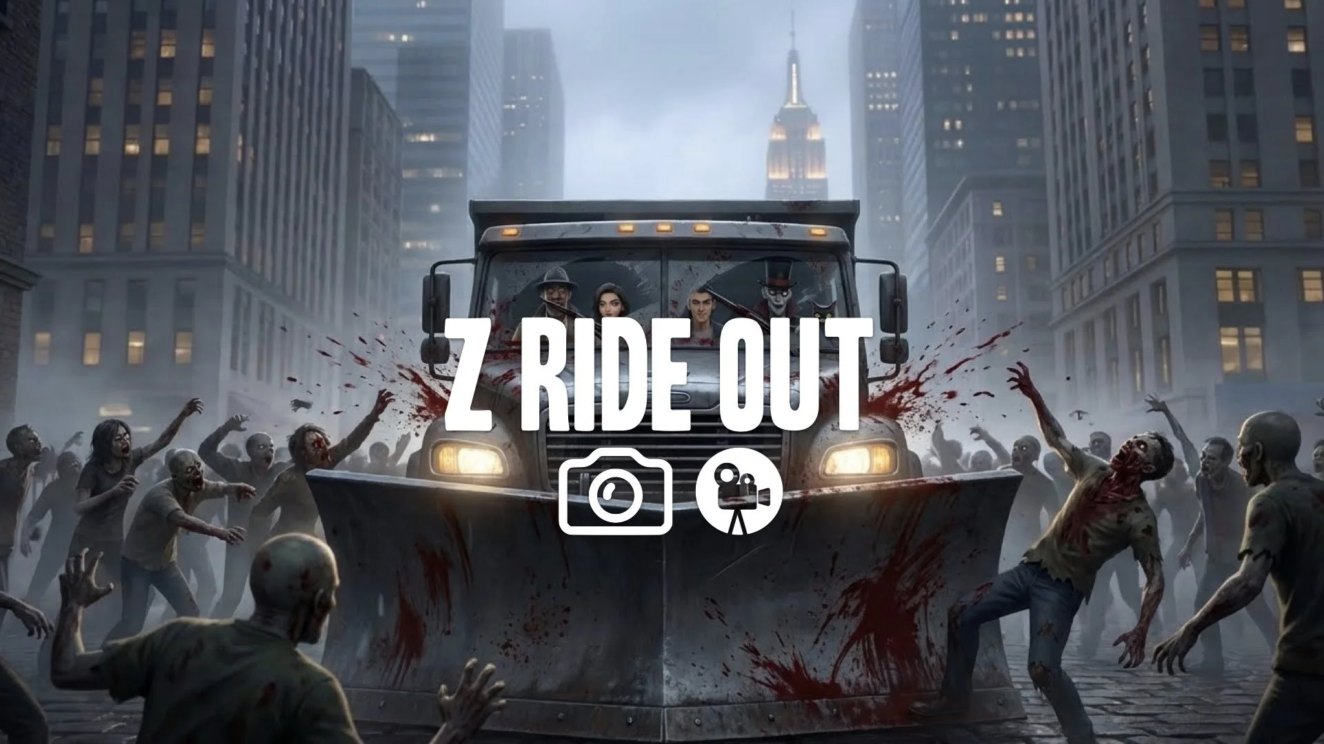 1. Truck with plow smashing through zombie crowd blood spray windshield wipers moving gore no music