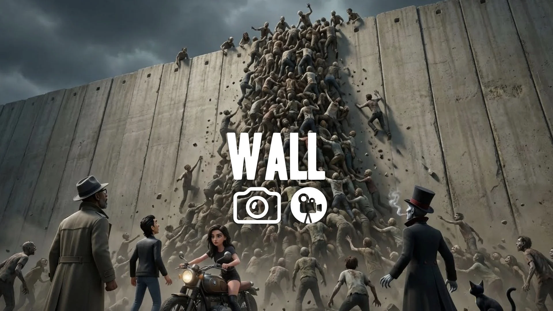 1. Massive wall of zombies climbing over each other like insects scaling high concrete wall jerusalem no music