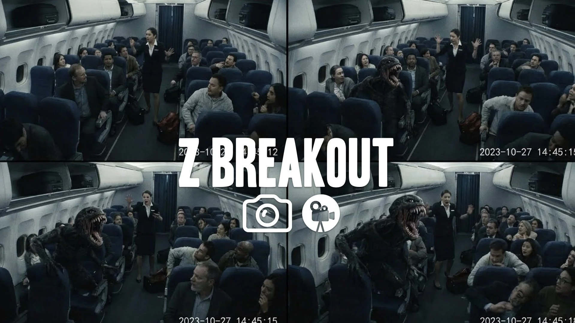 1. Plane interior passenger transforming in seconds snapping teeth chaos passengers panicking no music