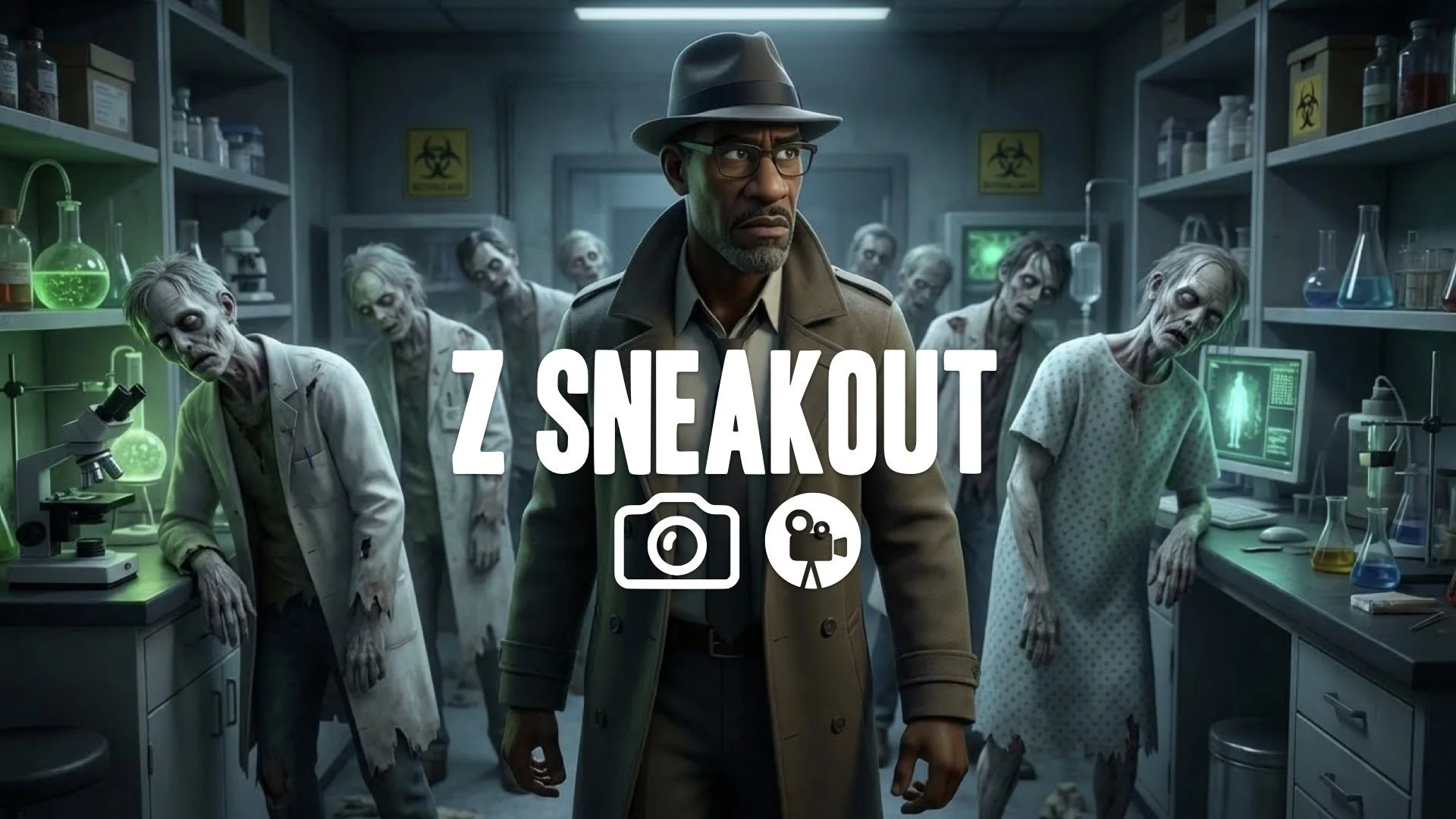 1. Scientist walking through lab sick zombies ignoring him camouflage stealth tension close up no music