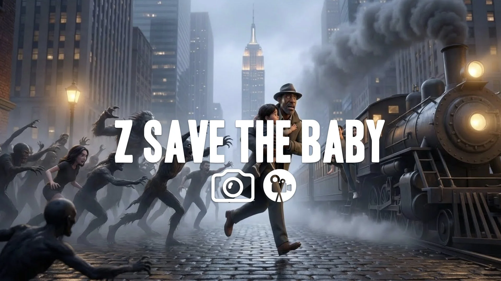 1. Survivors on rooftop surrounded by thousands of zombies below filling streets towering horde looking up desperate defense no music