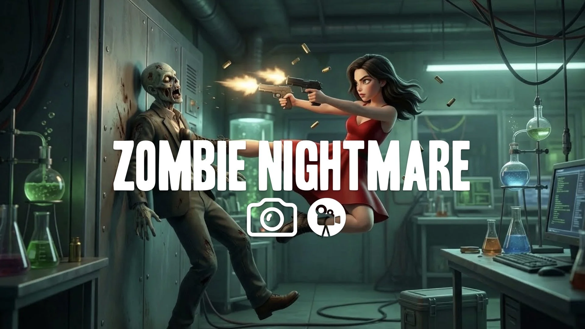 1. Woman in red dress flipping off wall mid-air kicking zombie double pistols firing shell casings flying lab setting no music