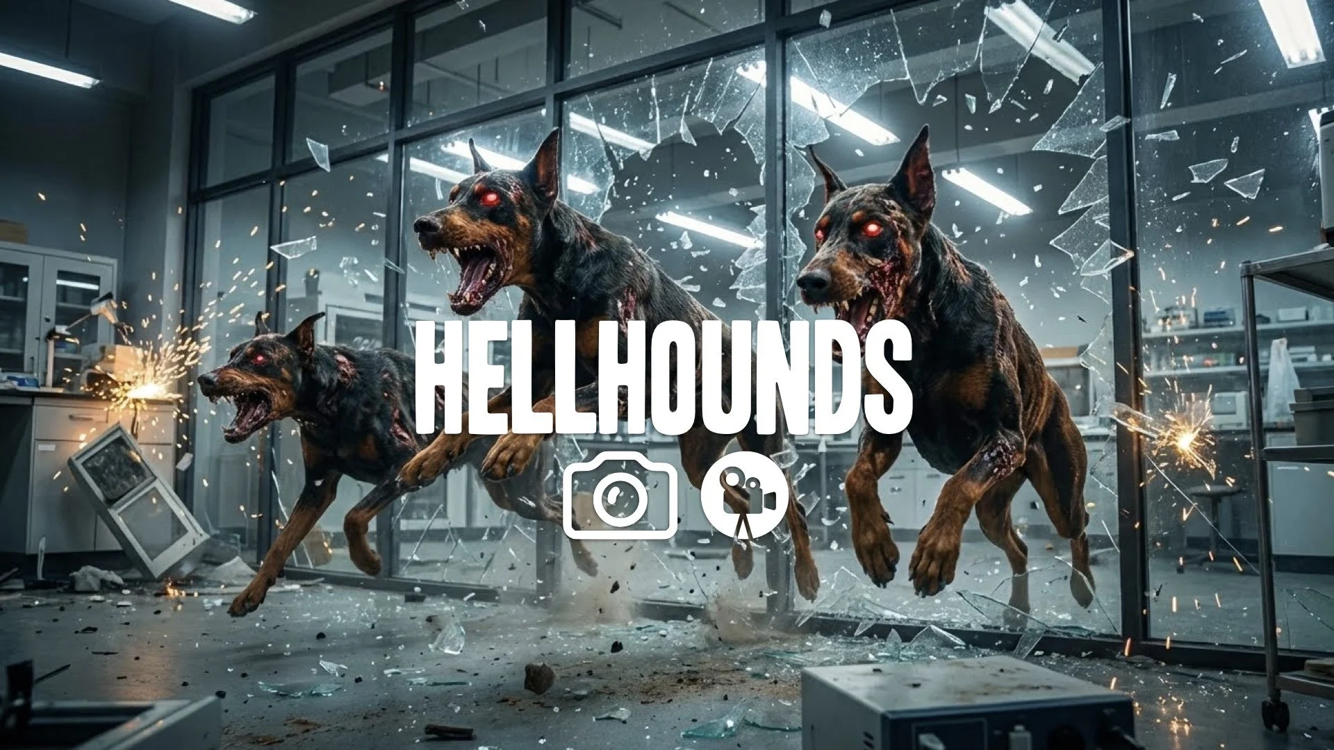 1. Doberman zombie dogs crashing through lab glass windows shards flying slow motion snarling teeth red eyes no music