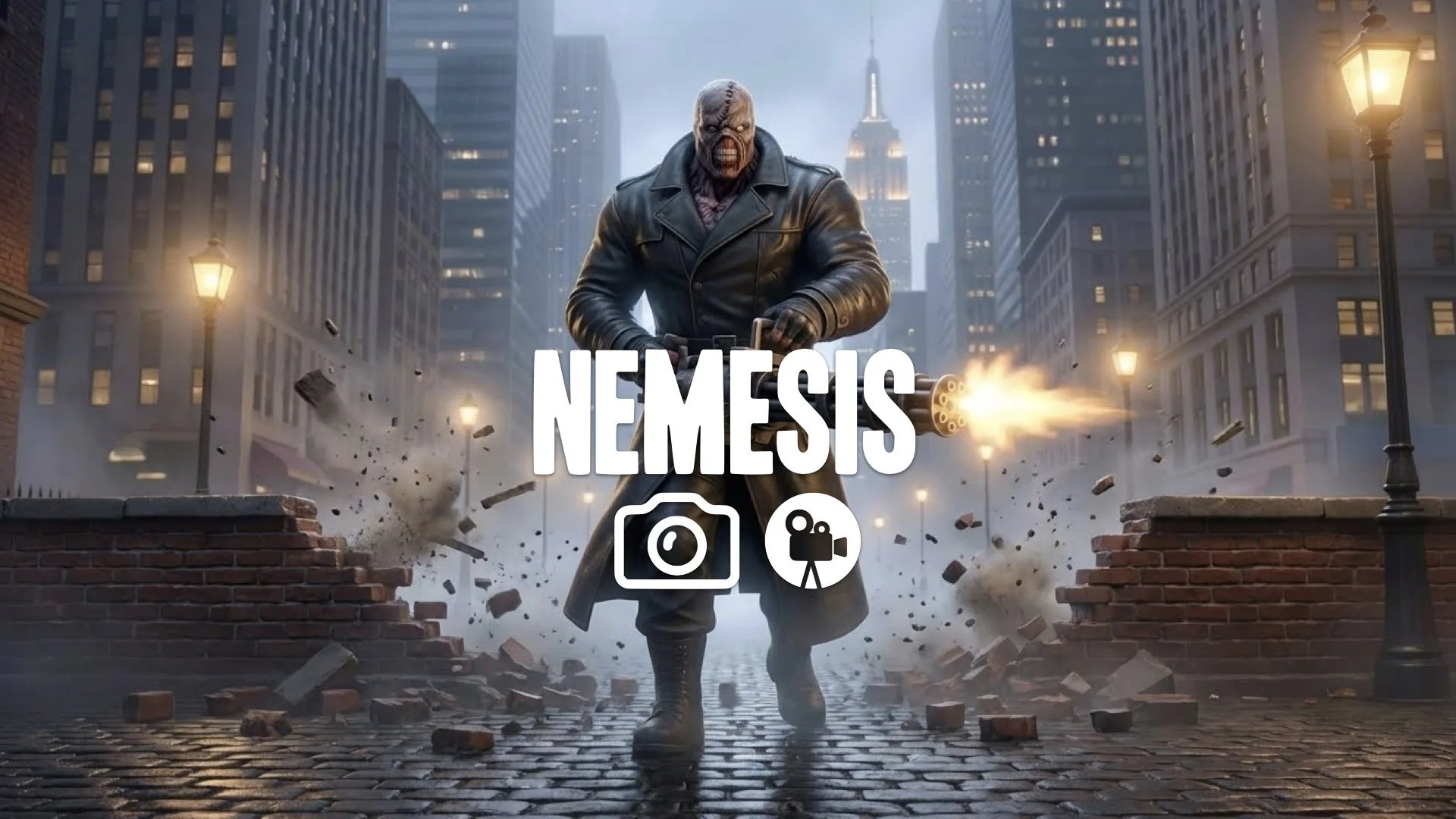 1. Giant hulking bioweapon Nemesis holding minigun firing walking through wall debris leather trench coat staples in face no music