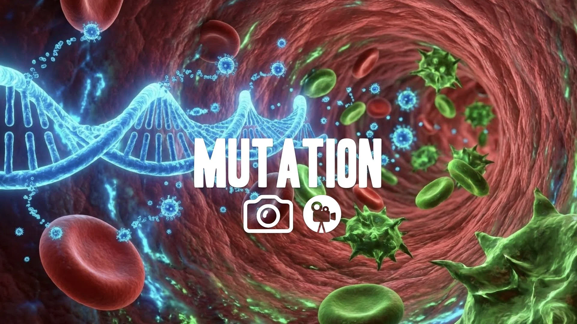 1. CGI view inside veins T-virus blue helix replicating rapidly infecting cells mutating green microscopic view sci-fi no music