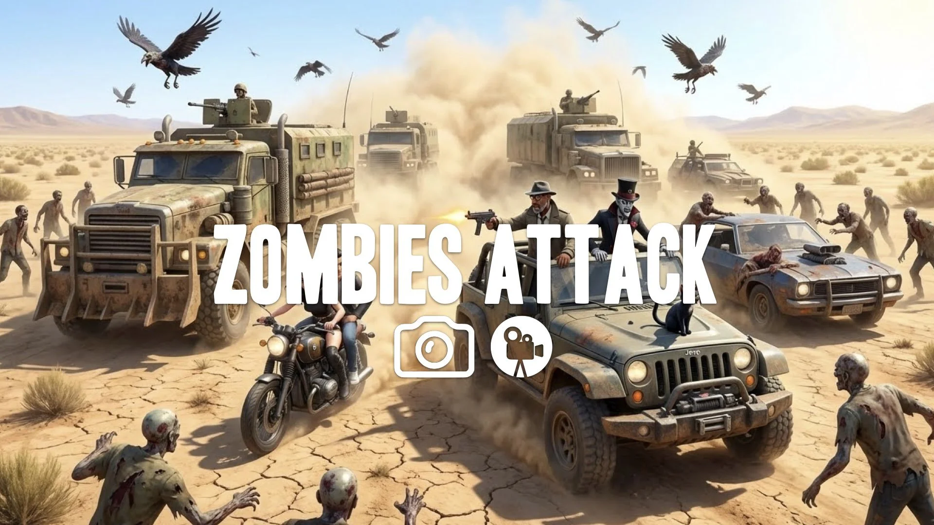 1. Armored convoy driving through desert wasteland dust trail zombie crows circling overhead sunny bright daylight action no music