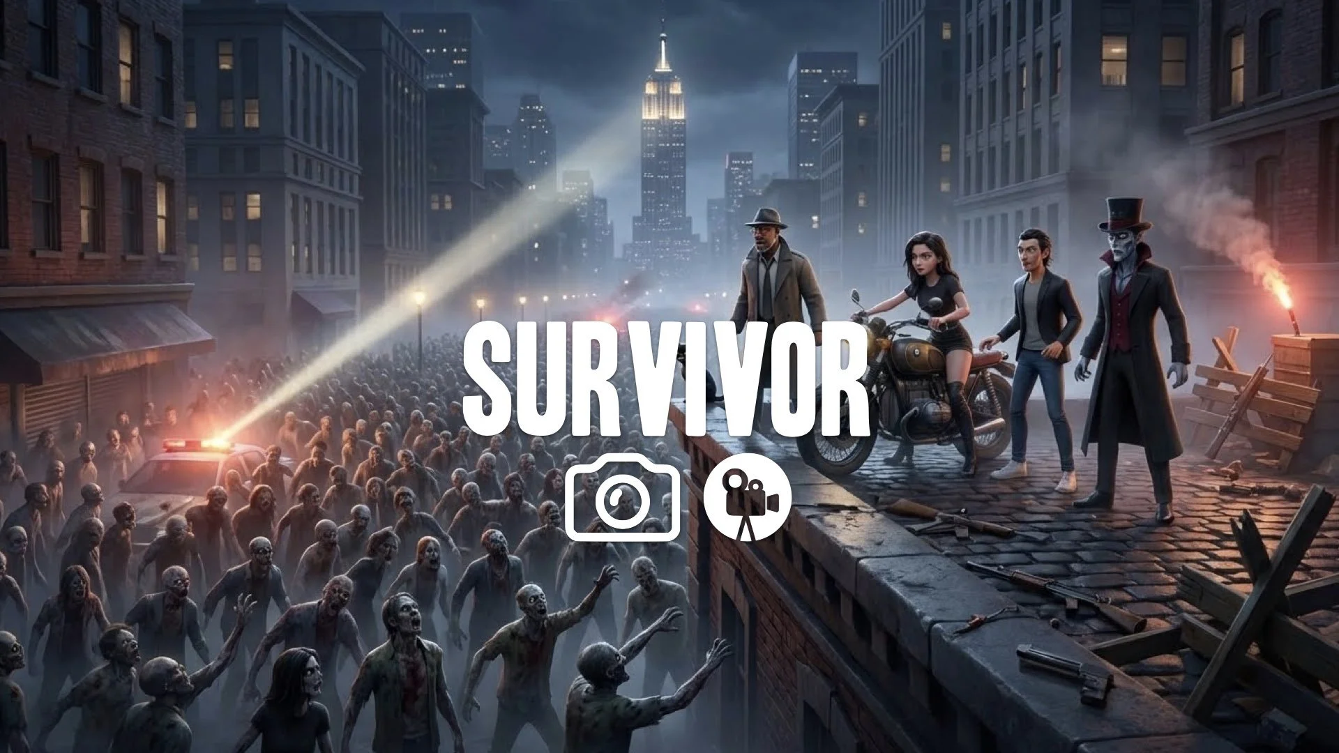 1. Survivors on rooftop surrounded by thousands of zombies below filling streets towering horde looking up desperate defense no music