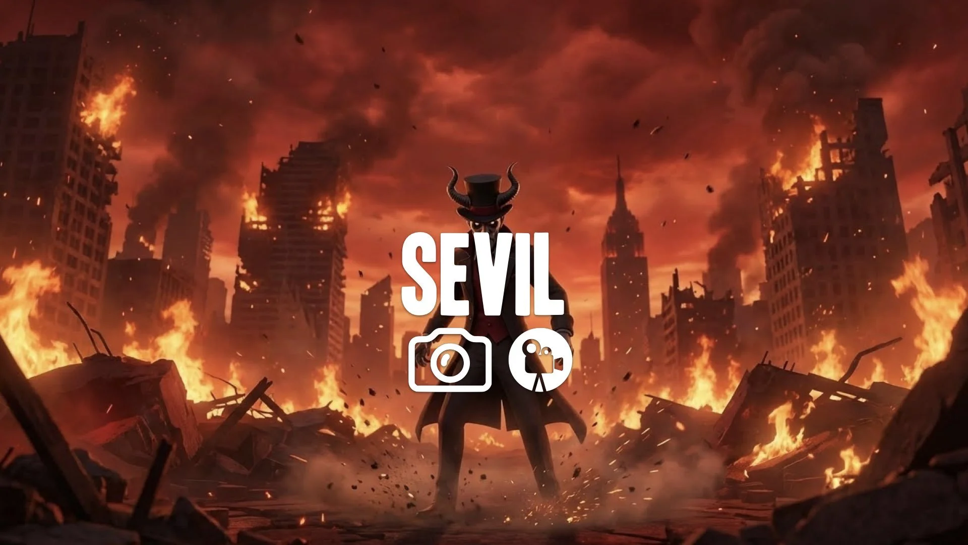 1. Villain with horned helmet landing amidst fire and ruin apocalyptic landscape red sky ash falling slow mo no music