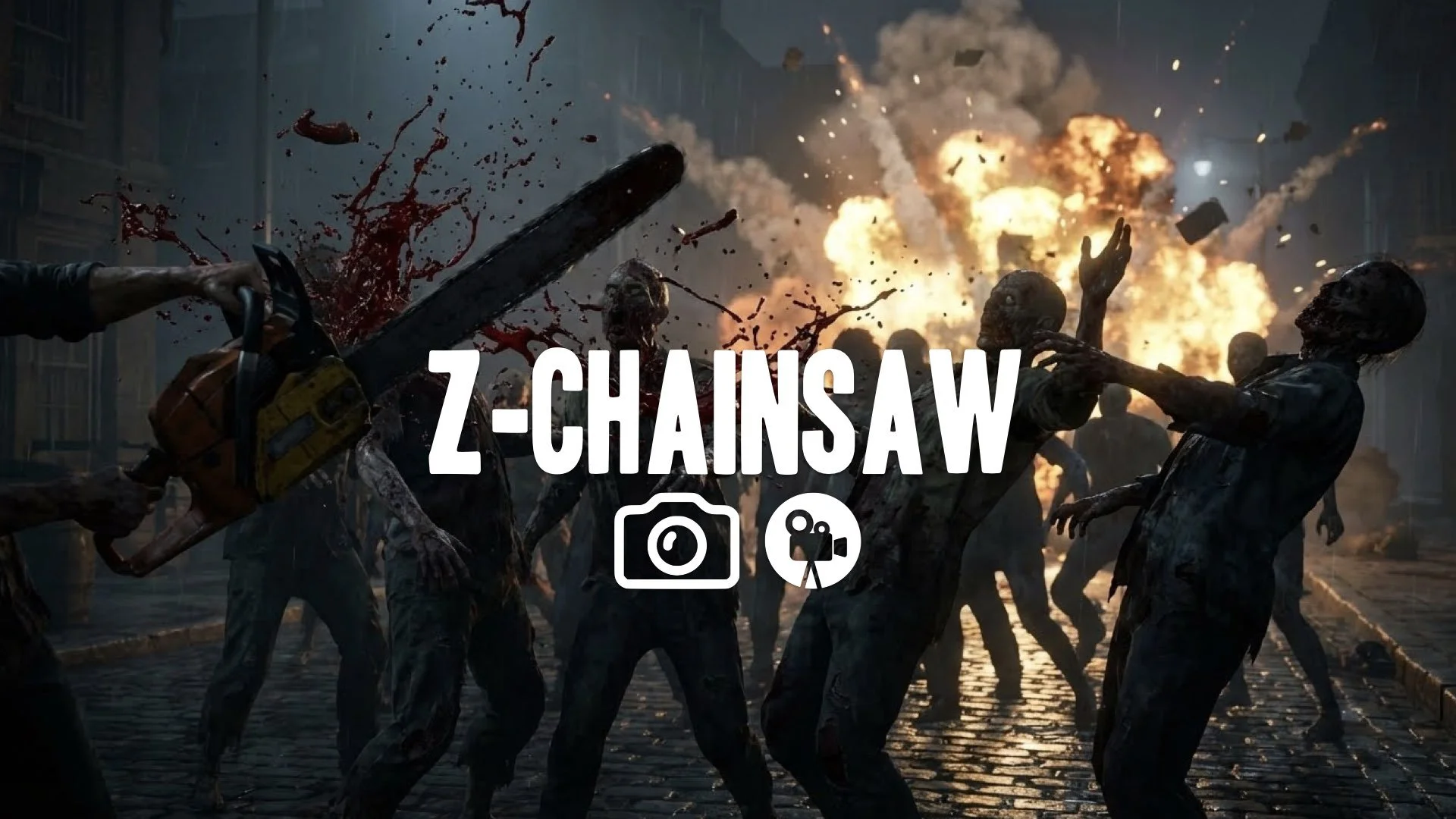 1. Chainsaw slicing through zombie horde blood spray slow motion gasoline explosion fire background no music