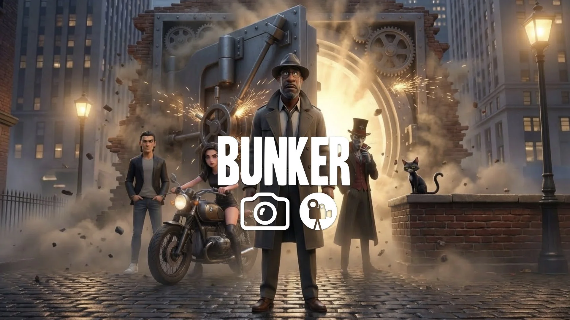 1. Bunker door heavy steel opening gears turning dust falling revealing secret entrance light no music