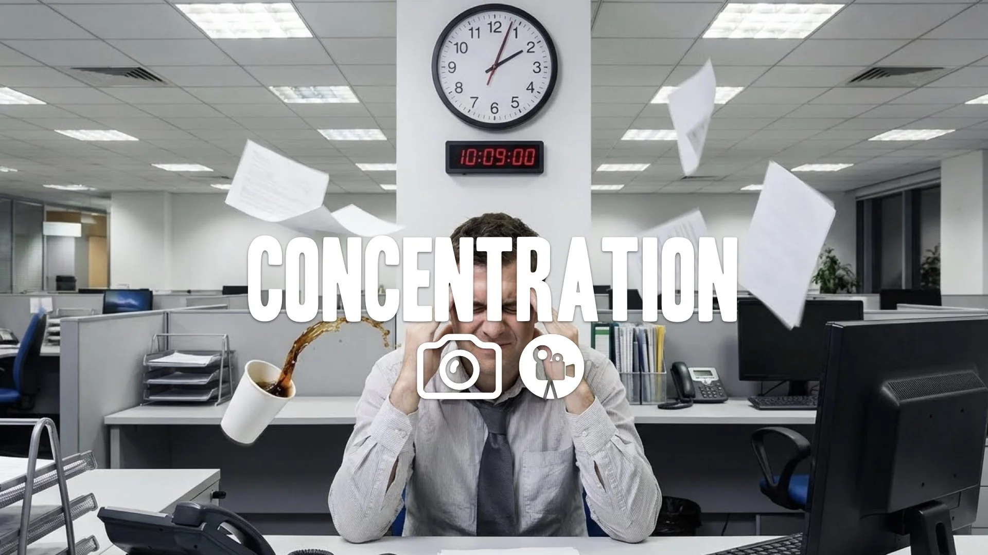 1. Office worker squeezing eyes shut clock on wall stopping suddenly frozen time visual effect no music