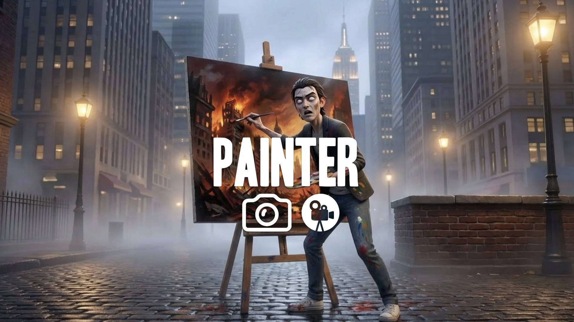 1. Artist with eyes rolled back white frantic painting on large canvas prophetic image taking shape no music