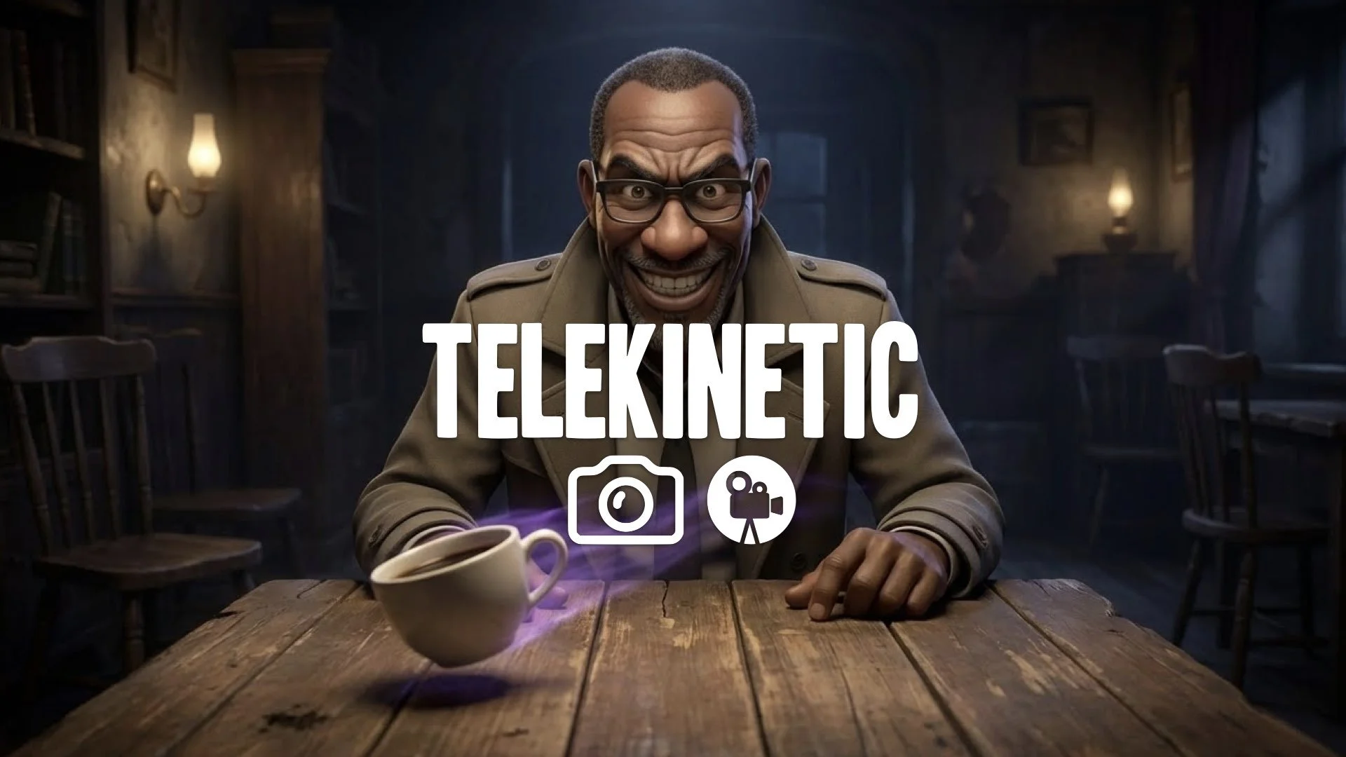 1. Man with glasses concentrating telekinetically sliding coffee cup across table creepy smile no music