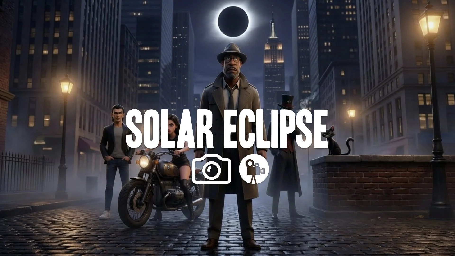 Total solar eclipse sun blocked by moon dark sky eerie light shadows lengthening ominous no music