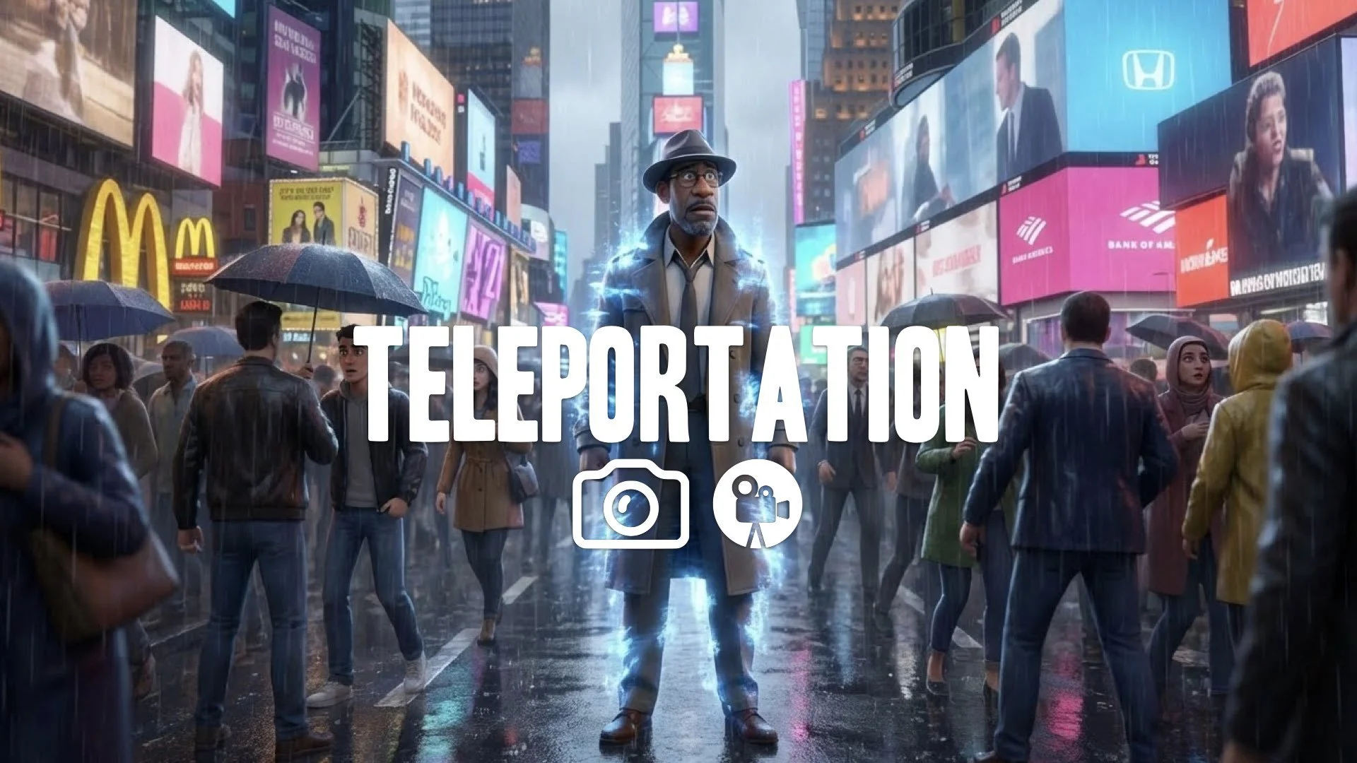 1. Man teleporting appearing instantly in Times Square confusion crowd looking bewildered no music