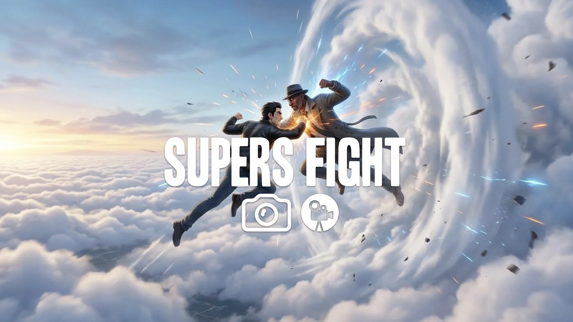1. Two flying men fighting mid-air colliding above clouds sonic boom shockwave powers clashing no music