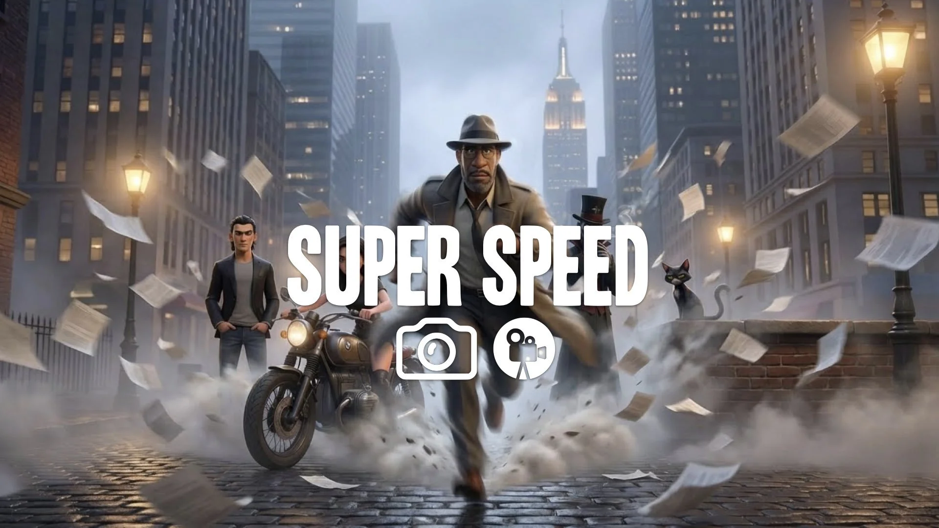 1. Man running at super speed blurring motion leaving papers flying wake turbulence no music