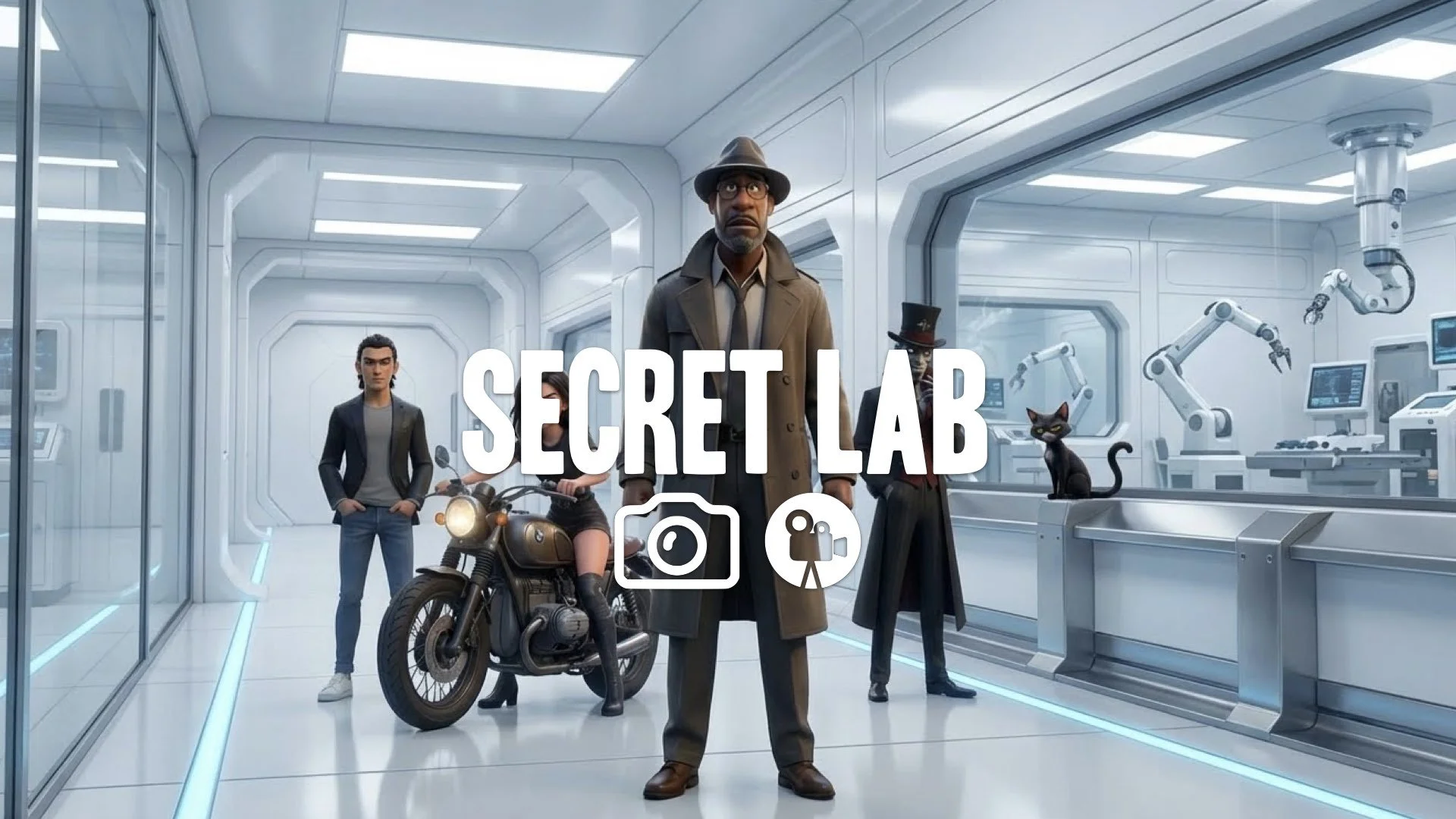 1. Secret organization facility pristine white corridors testing rooms observation glass sci-fi lab no music